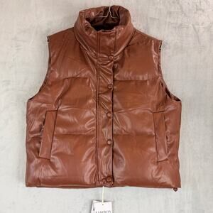 Fashion Womens L Puffy Brown Vest Snap Buttons Full Zip New with Tag